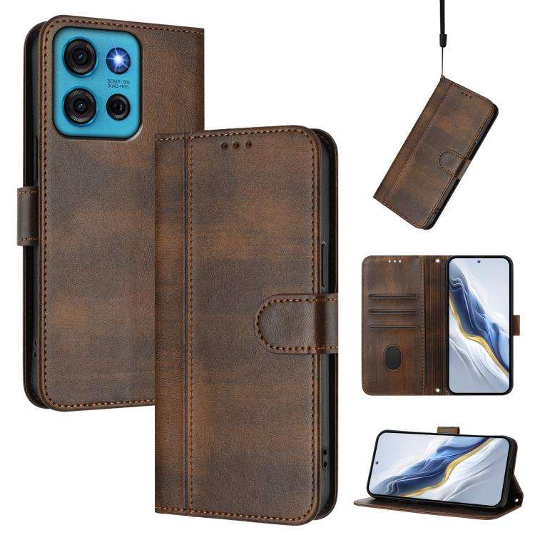 For Motorola Moto G75 5G Line Splicing Buckle Retro Leather Phone Case(Brown)