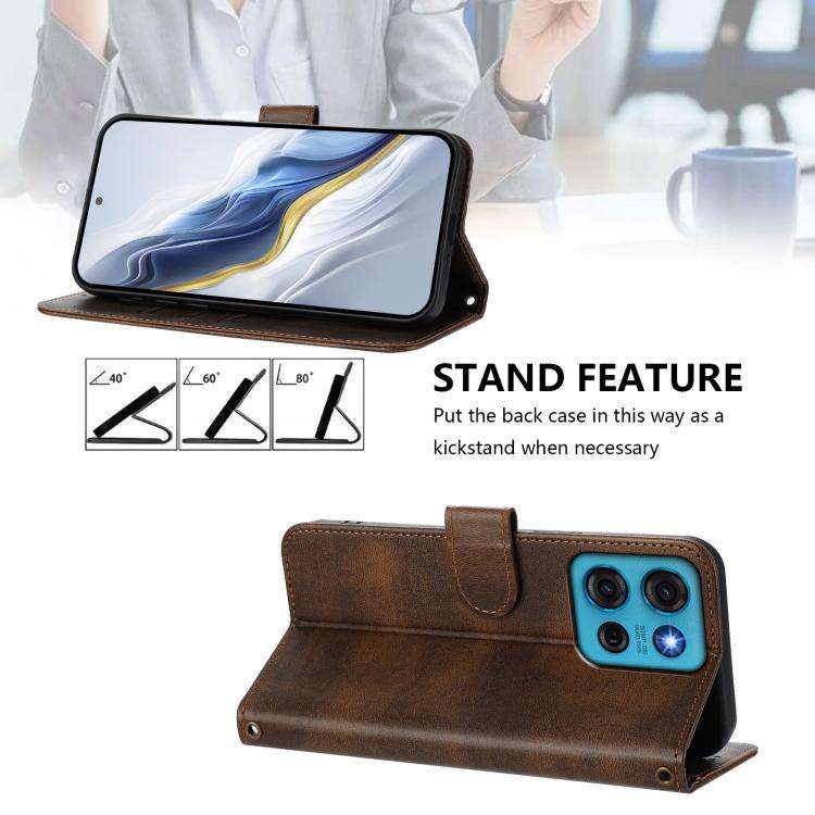 For Motorola Moto G75 5G Line Splicing Buckle Retro Leather Phone Case(Brown)