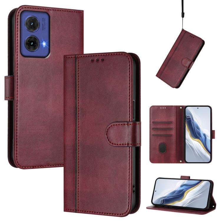 For Motorola Moto G85 5G Line Splicing Buckle Retro Leather Phone Case(Wine Red)