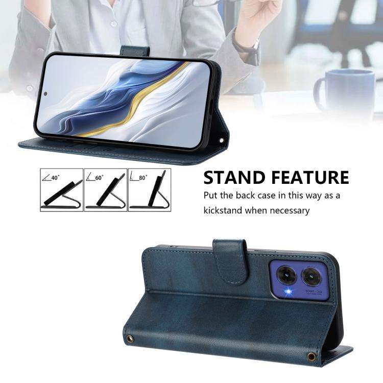 For Motorola Moto G85 5G Line Splicing Buckle Retro Leather Phone Case(Dark Blue)