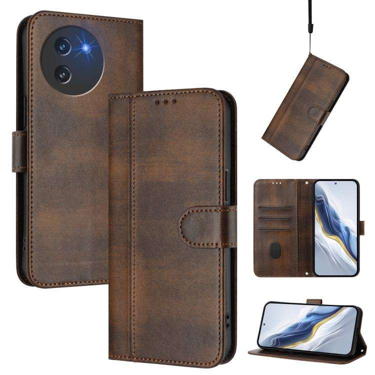 For Doogee Note 59 / 59 Pro Line Splicing Buckle Retro Leather Phone Case(Brown)
