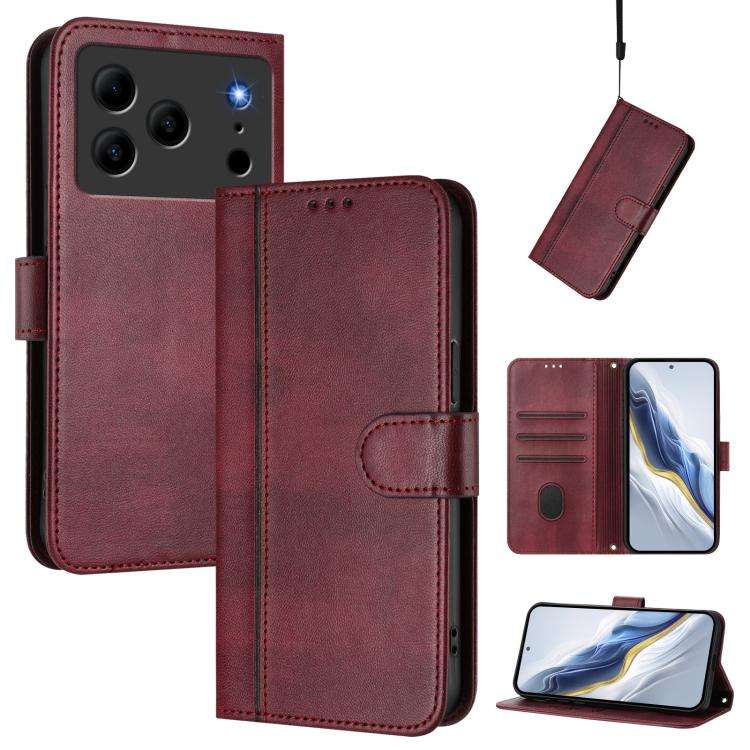 For Doogee Note 56 / Note 56 Pro Line Splicing Buckle Retro Leather Phone Case(Wine Red)