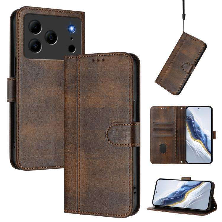 For Doogee Note 56 / Note 56 Pro Line Splicing Buckle Retro Leather Phone Case(Brown)
