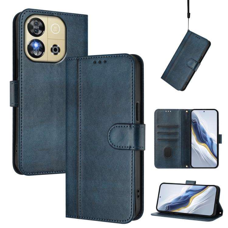 For Oukitel C57S / C57 Pro / Blu J12 Line Splicing Buckle Retro Leather Phone Case(Dark Blue)