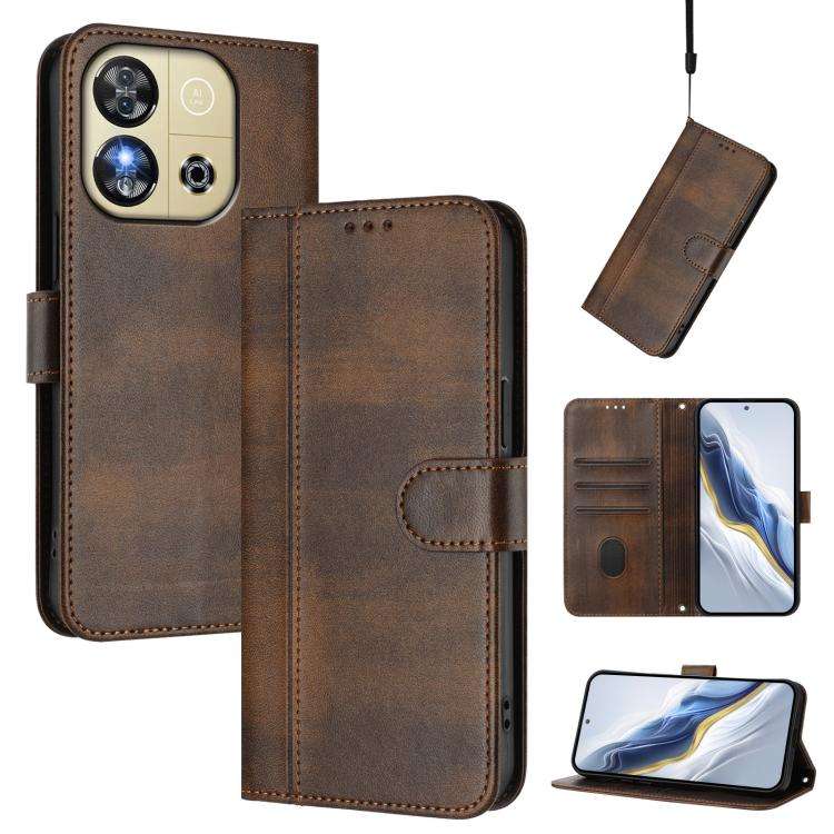 For Oukitel C57S / C57 Pro / Blu J12 Line Splicing Buckle Retro Leather Phone Case(Brown)
