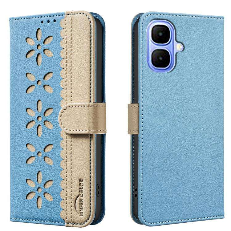 For Infinix Smart 10 4G Splicing Color Hollow Flower Pattern RFID Leather Phone Case(Baby Blue)