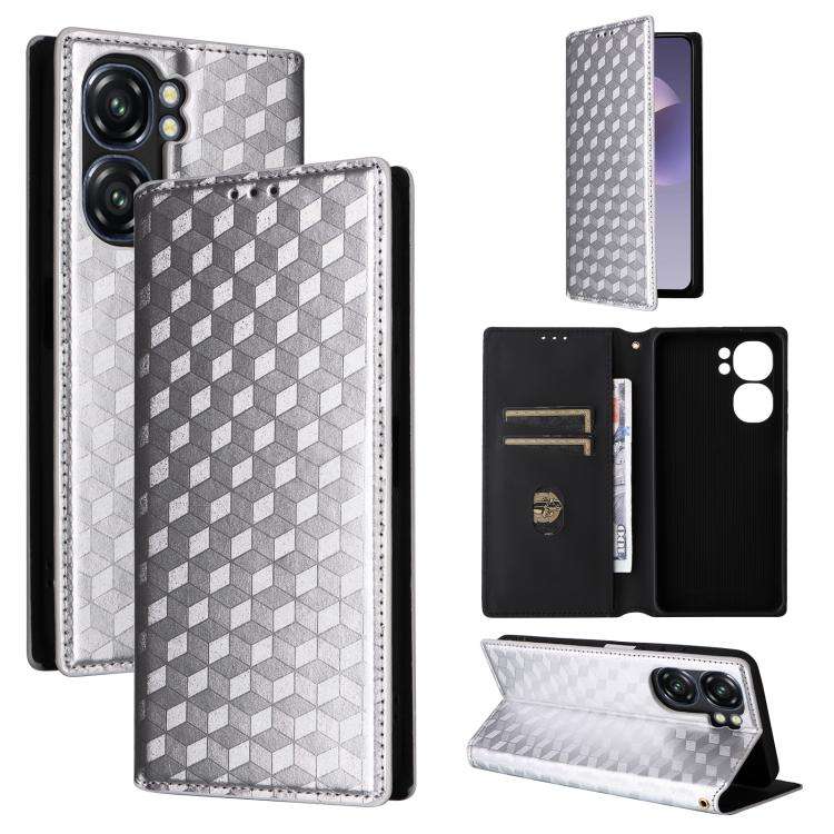 For Oukitel C58 / C58 Pro Cubic Grid Texture Flip Leather Phone Case(Silver)