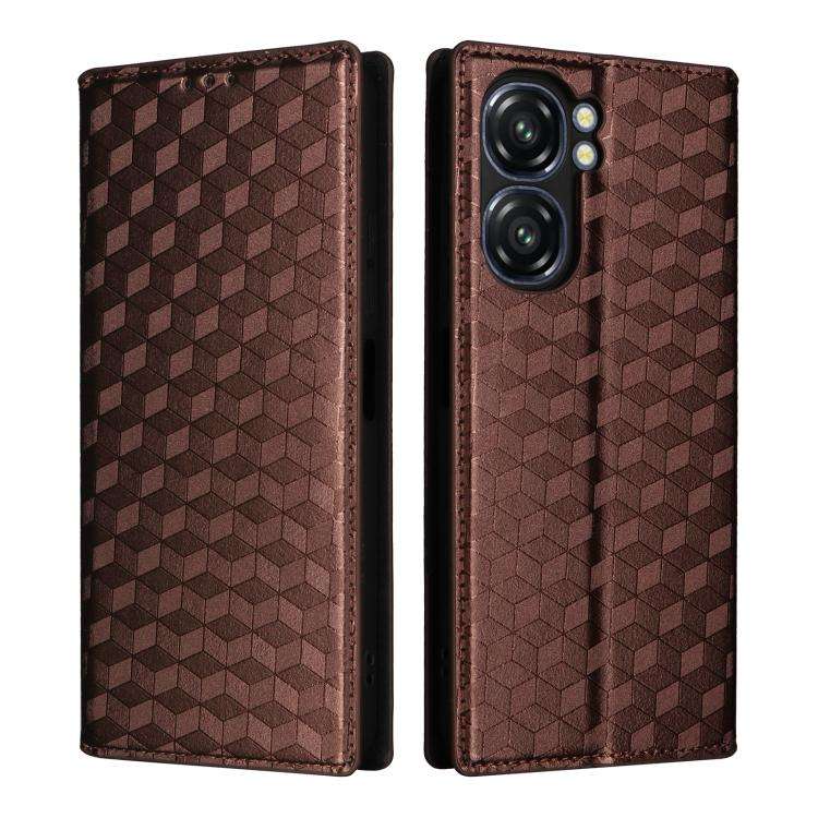 For Oukitel C58 / C58 Pro Cubic Grid Texture Flip Leather Phone Case(Brown)