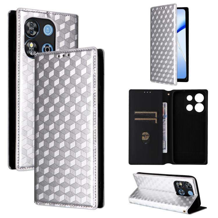 For Oukitel C57 / C57S / C57 Pro Cubic Grid Texture Flip Leather Phone Case(Silver)