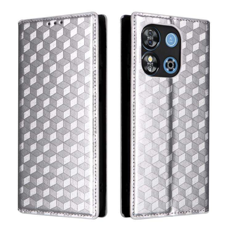 For Oukitel C57 / C57S / C57 Pro Cubic Grid Texture Flip Leather Phone Case(Silver)