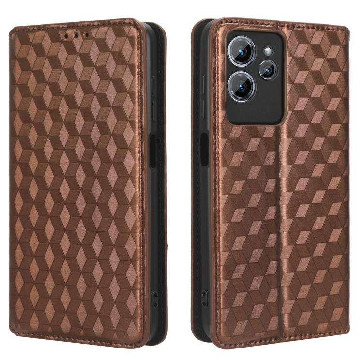 For Oukitel C32 Cubic Grid Texture Flip Leather Phone Case(Brown)