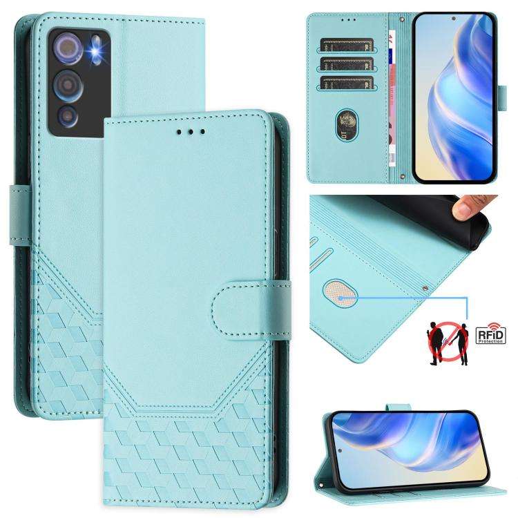 For Doogee N60 Pro Honeycomb Embossing RFID Leather Phone Case(Mint Green)