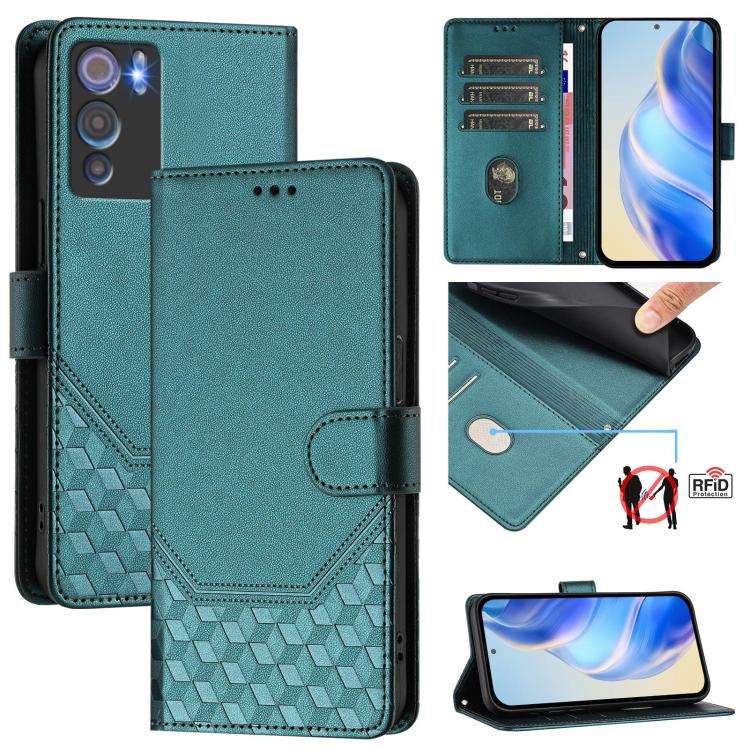 For Doogee N60 Pro Honeycomb Embossing RFID Leather Phone Case(Peacock Green)
