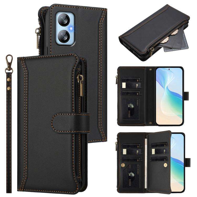 For Blackview A52 / A52 Pro Magnetic Closure 9 Card Slots Zipper Leather Case with Hand Strap(Black)