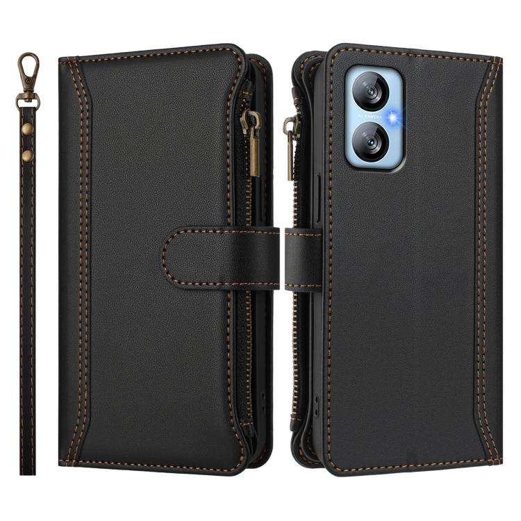 For Blackview A52 / A52 Pro Magnetic Closure 9 Card Slots Zipper Leather Case with Hand Strap(Black)