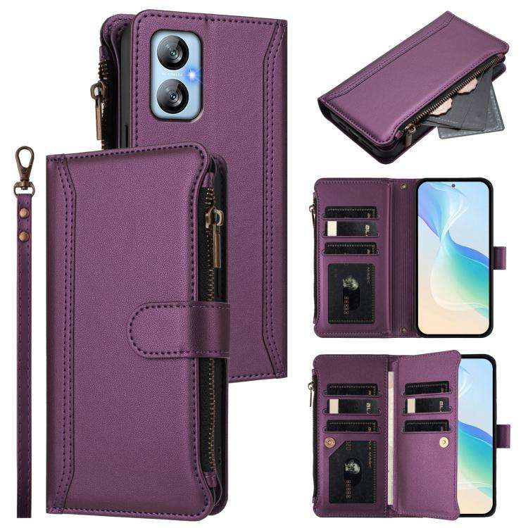 For Blackview A52 / A52 Pro Magnetic Closure 9 Card Slots Zipper Leather Case with Hand Strap(Pur...