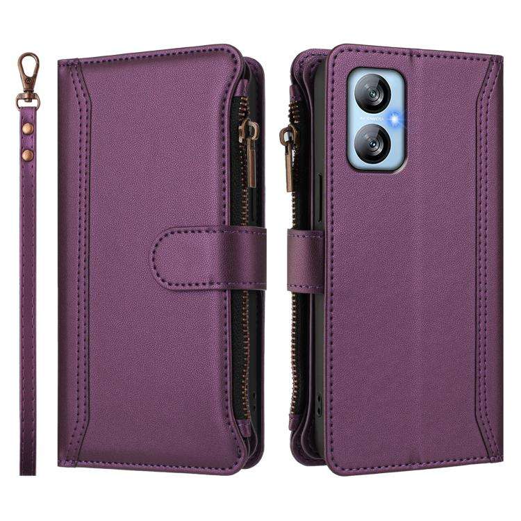 For Blackview A52 / A52 Pro Magnetic Closure 9 Card Slots Zipper Leather Case with Hand Strap(Pur...