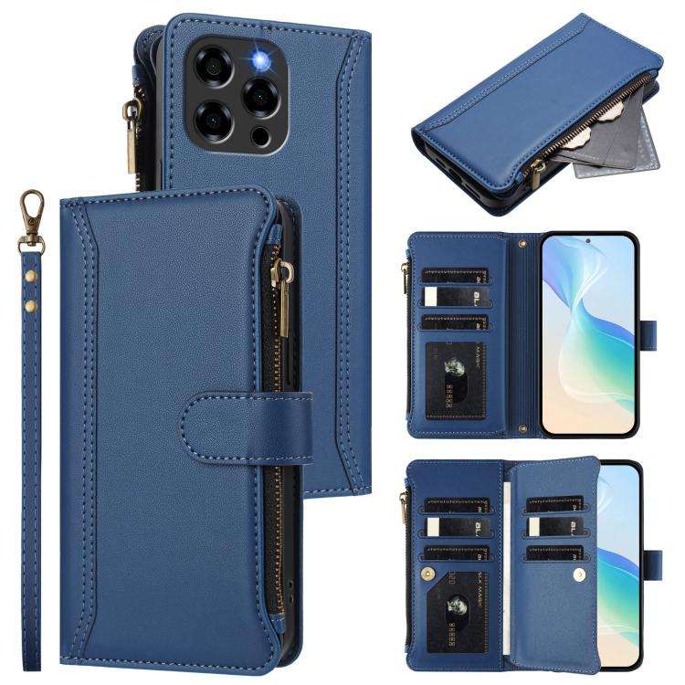 For Doogee Note 58 / Note 58 Pro Magnetic Closure 9 Card Slots Zipper Leather Case with Hand Stra...