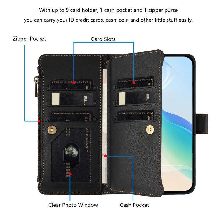 For Doogee Note 58 / Note 58 Pro Magnetic Closure 9 Card Slots Zipper Leather Case with Hand Stra...