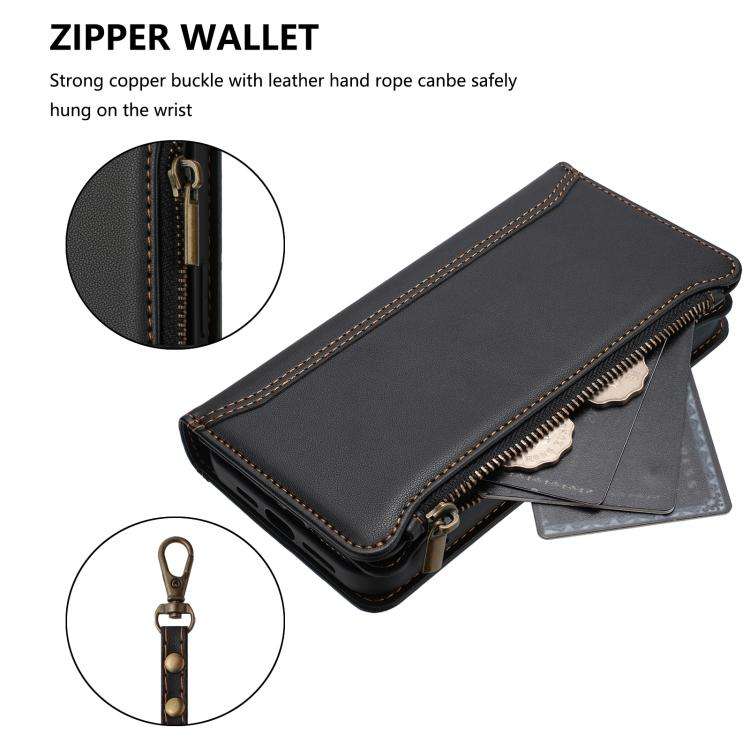 For Doogee Note 58 / Note 58 Pro Magnetic Closure 9 Card Slots Zipper Leather Case with Hand Stra...