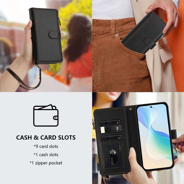 For Doogee Note 58 / Note 58 Pro Magnetic Closure 9 Card Slots Zipper Leather Case with Hand Stra...