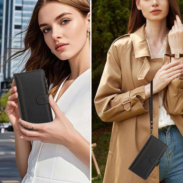 For Doogee Note 58 / Note 58 Pro Magnetic Closure 9 Card Slots Zipper Leather Case with Hand Stra...