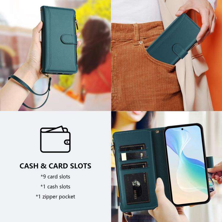 For Doogee Note 58 / Note 58 Pro Magnetic Closure 9 Card Slots Zipper Leather Case with Hand Stra...