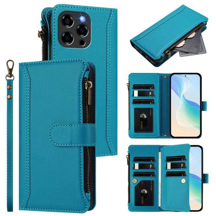 For Doogee Note 58 / Note 58 Pro Magnetic Closure 9 Card Slots Zipper Leather Case with Hand Stra...