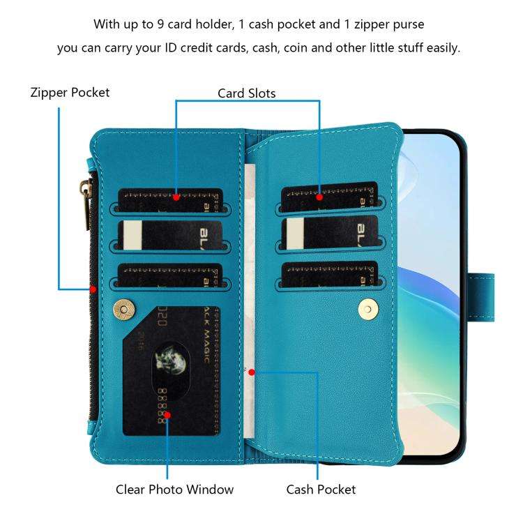 For Doogee Note 58 / Note 58 Pro Magnetic Closure 9 Card Slots Zipper Leather Case with Hand Stra...