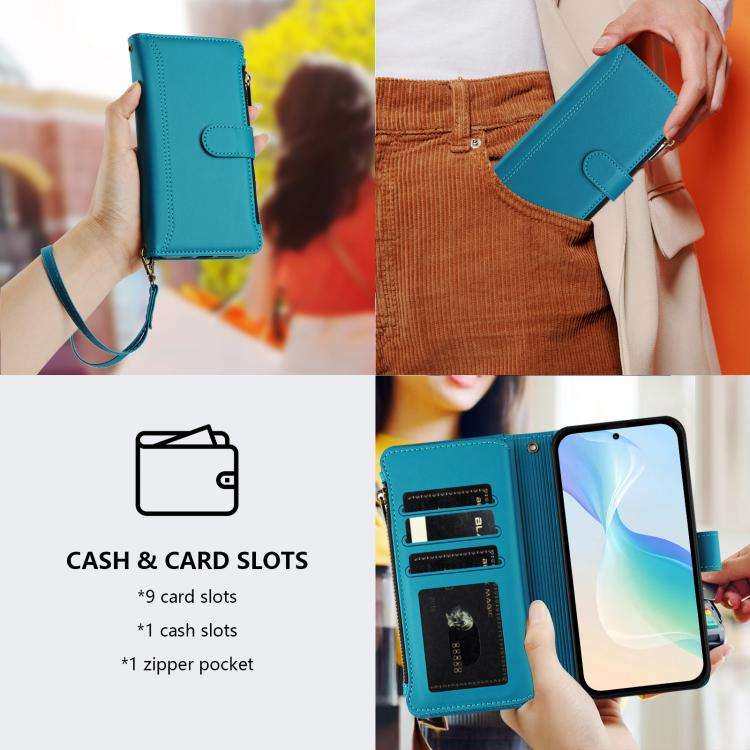 For Doogee Note 58 / Note 58 Pro Magnetic Closure 9 Card Slots Zipper Leather Case with Hand Stra...