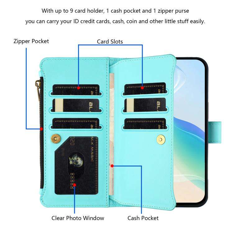For Doogee Note 58 / Note 58 Pro Magnetic Closure 9 Card Slots Zipper Leather Case with Hand Stra...