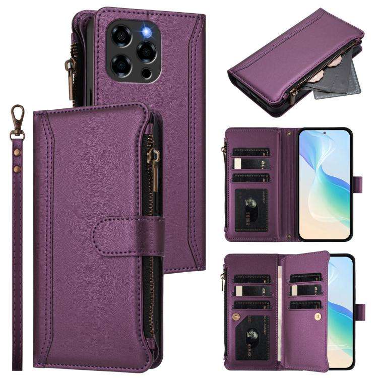 For Doogee Note 58 / Note 58 Pro Magnetic Closure 9 Card Slots Zipper Leather Case with Hand Stra...