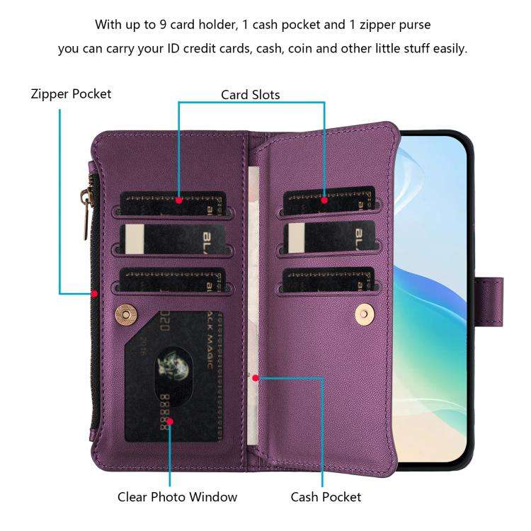 For Doogee Note 58 / Note 58 Pro Magnetic Closure 9 Card Slots Zipper Leather Case with Hand Stra...
