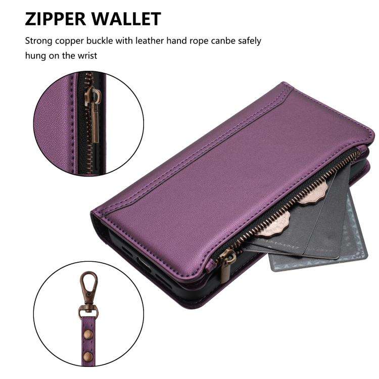 For Doogee Note 58 / Note 58 Pro Magnetic Closure 9 Card Slots Zipper Leather Case with Hand Stra...
