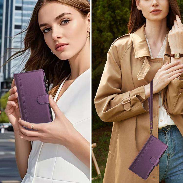 For Doogee Note 58 / Note 58 Pro Magnetic Closure 9 Card Slots Zipper Leather Case with Hand Stra...