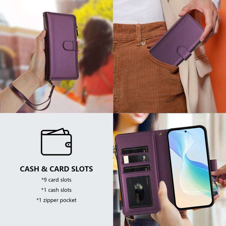For Doogee Note 59 5G / Note 59 Pro Magnetic Closure 9 Card Slots Zipper Leather Case with Hand S...