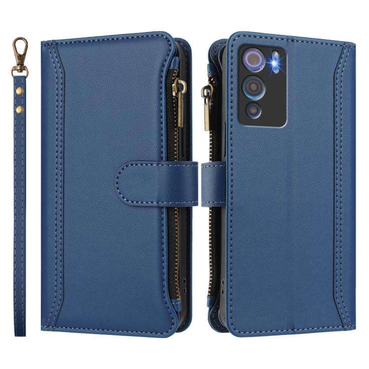 For Doogee N60 Pro Magnetic Closure 9 Card Slots Zipper Leather Case with Hand Strap(Dark Blue)