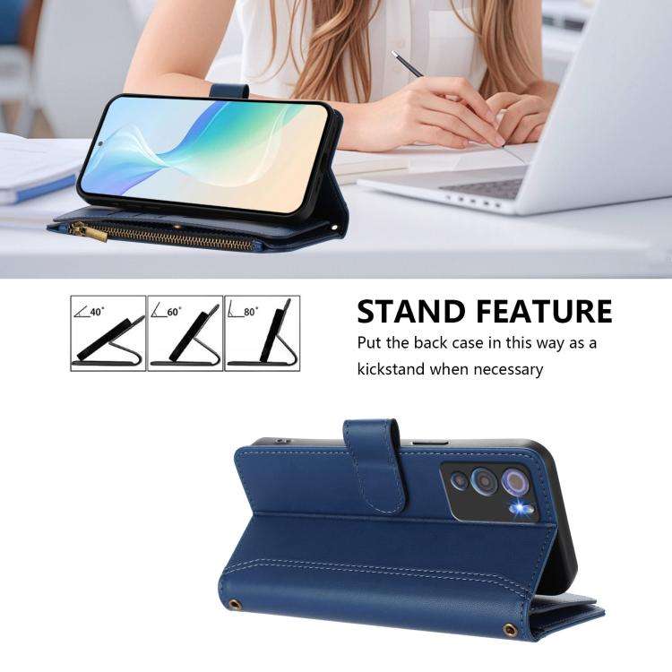 For Doogee N60 Pro Magnetic Closure 9 Card Slots Zipper Leather Case with Hand Strap(Dark Blue)