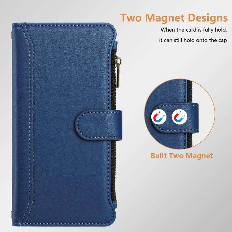 For Doogee N60 Pro Magnetic Closure 9 Card Slots Zipper Leather Case with Hand Strap(Dark Blue)