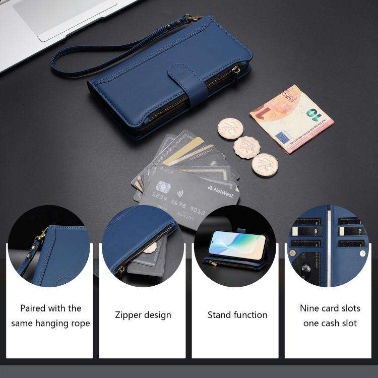 For Doogee N60 Pro Magnetic Closure 9 Card Slots Zipper Leather Case with Hand Strap(Dark Blue)
