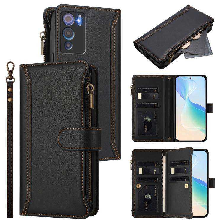 For Doogee N60 Pro Magnetic Closure 9 Card Slots Zipper Leather Case with Hand Strap(Black)