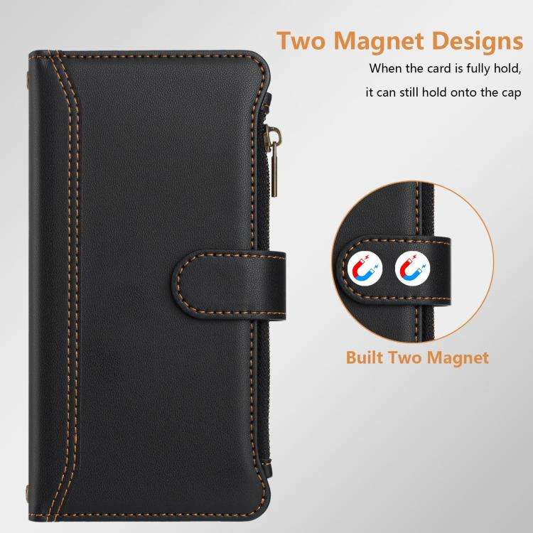 For Doogee N60 Pro Magnetic Closure 9 Card Slots Zipper Leather Case with Hand Strap(Black)