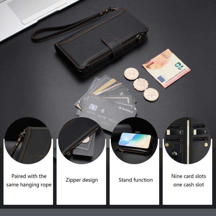 For Doogee N60 Pro Magnetic Closure 9 Card Slots Zipper Leather Case with Hand Strap(Black)