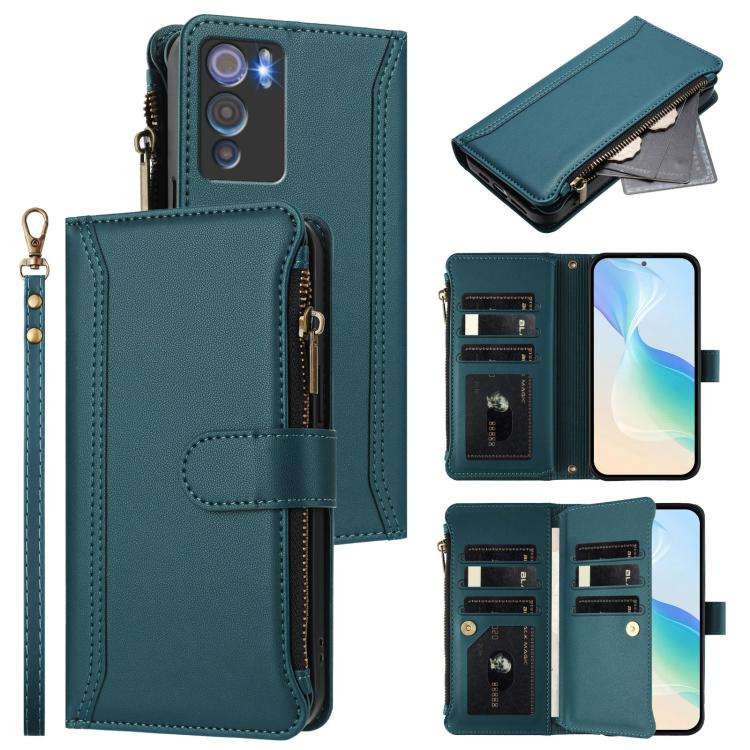 For Doogee N60 Pro Magnetic Closure 9 Card Slots Zipper Leather Case with Hand Strap(Dark Green)