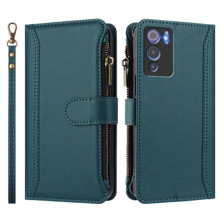 For Doogee N60 Pro Magnetic Closure 9 Card Slots Zipper Leather Case with Hand Strap(Dark Green)