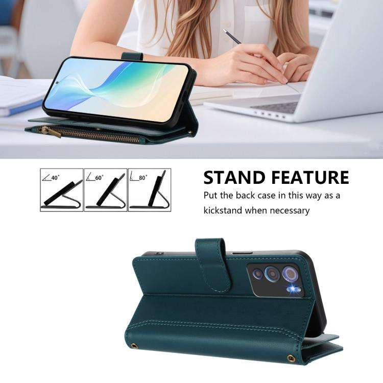 For Doogee N60 Pro Magnetic Closure 9 Card Slots Zipper Leather Case with Hand Strap(Dark Green)