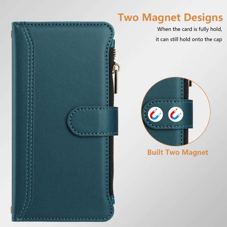 For Doogee N60 Pro Magnetic Closure 9 Card Slots Zipper Leather Case with Hand Strap(Dark Green)