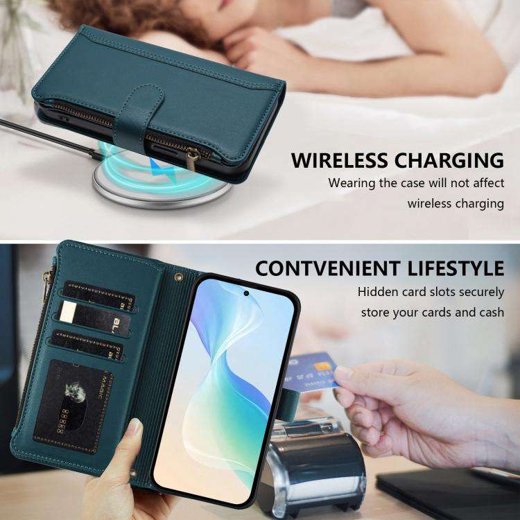 For Doogee N60 Pro Magnetic Closure 9 Card Slots Zipper Leather Case with Hand Strap(Dark Green)