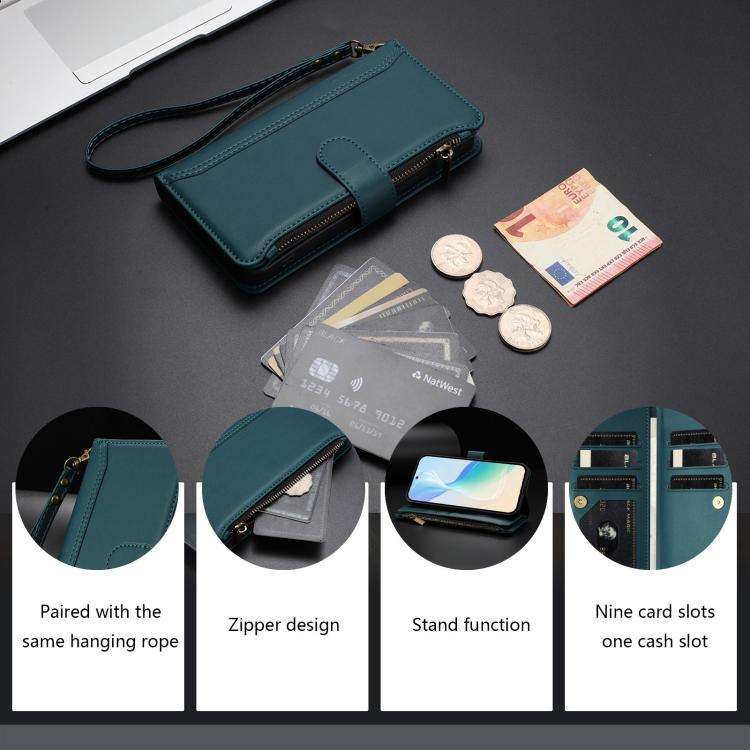 For Doogee N60 Pro Magnetic Closure 9 Card Slots Zipper Leather Case with Hand Strap(Dark Green)