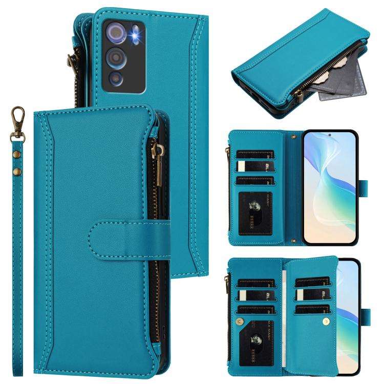 For Doogee N60 Pro Magnetic Closure 9 Card Slots Zipper Leather Case with Hand Strap(Turquoise)